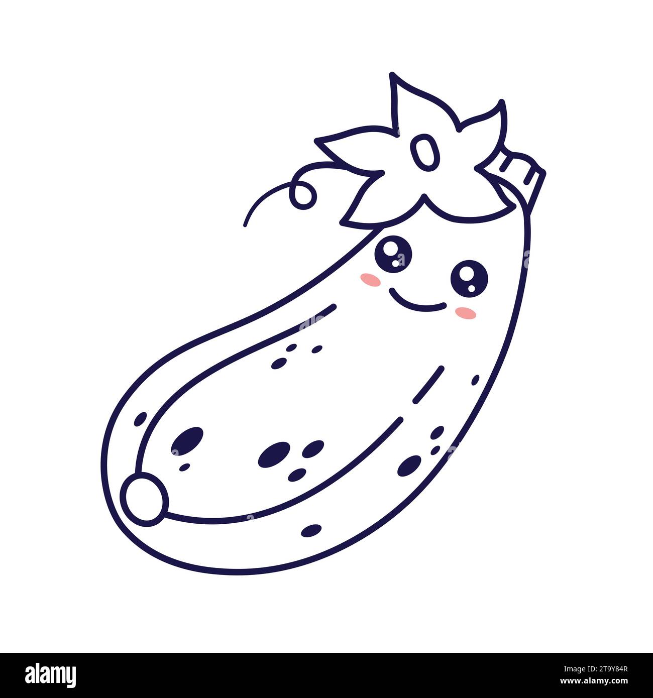 Süße Kawaii Zucchini Zeichentrickfilm Kinder Illustration. Lebensmittel Gemüse Umrisslinie Kunst Illustration. Zucchini-Charakter, Maskottchen im Doodle-Stil. Colorin Für Kinder Stock Vektor