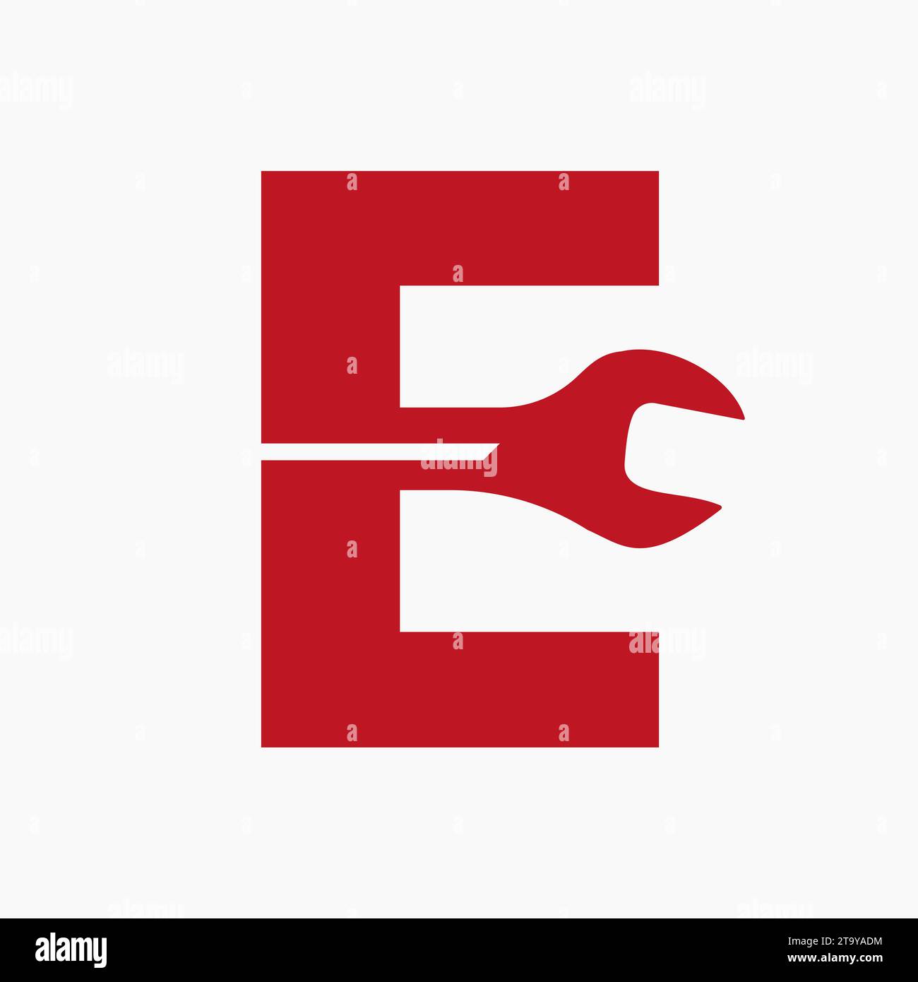 Schraubenschlüssel-Logo auf Buchstabe E mit technischem Symbol. Techniker-Logotyp Stock Vektor