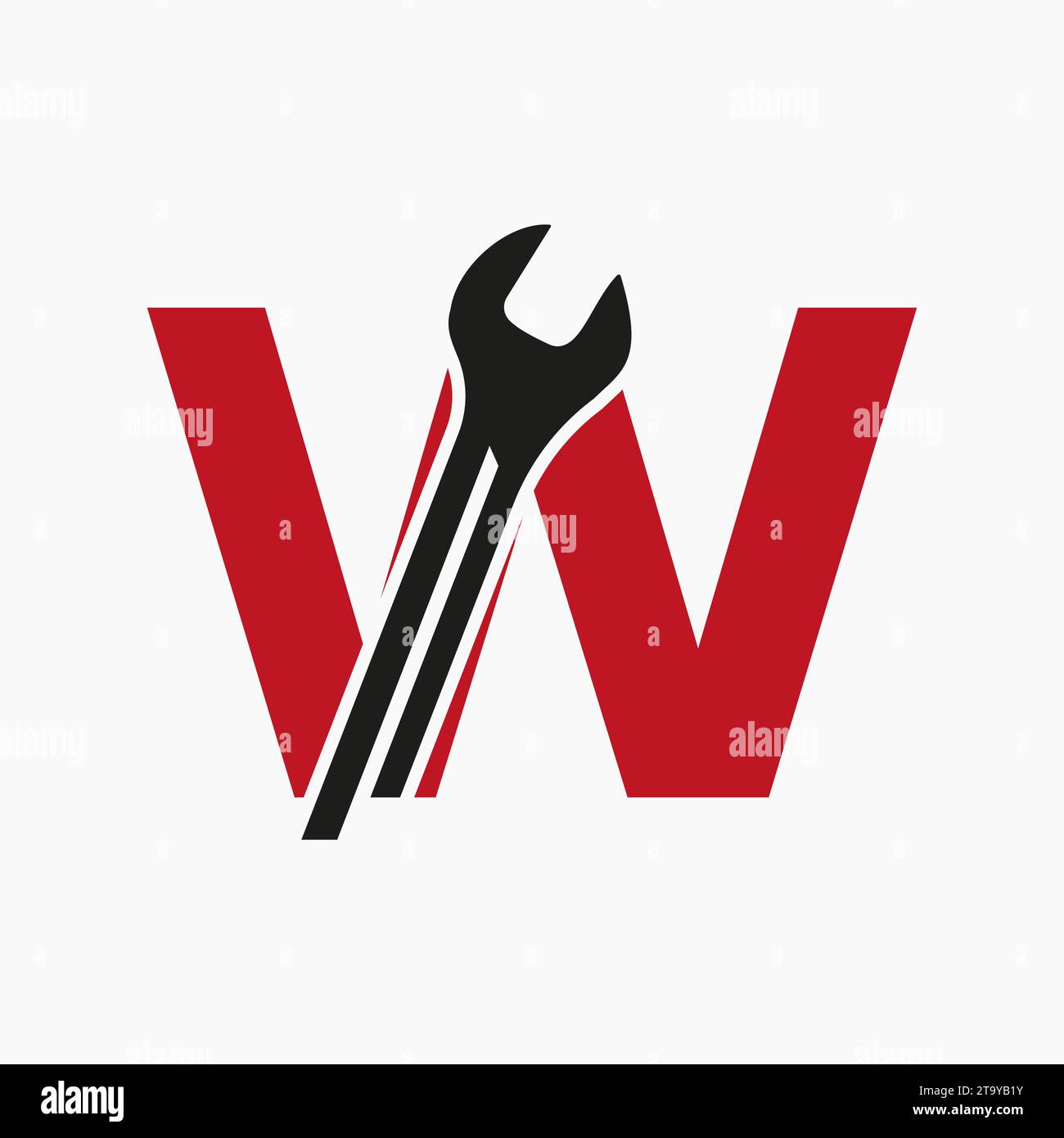Schraubenschlüssel-Logo auf Buchstabe W mit technischem Symbol. Techniker-Logotyp Stock Vektor