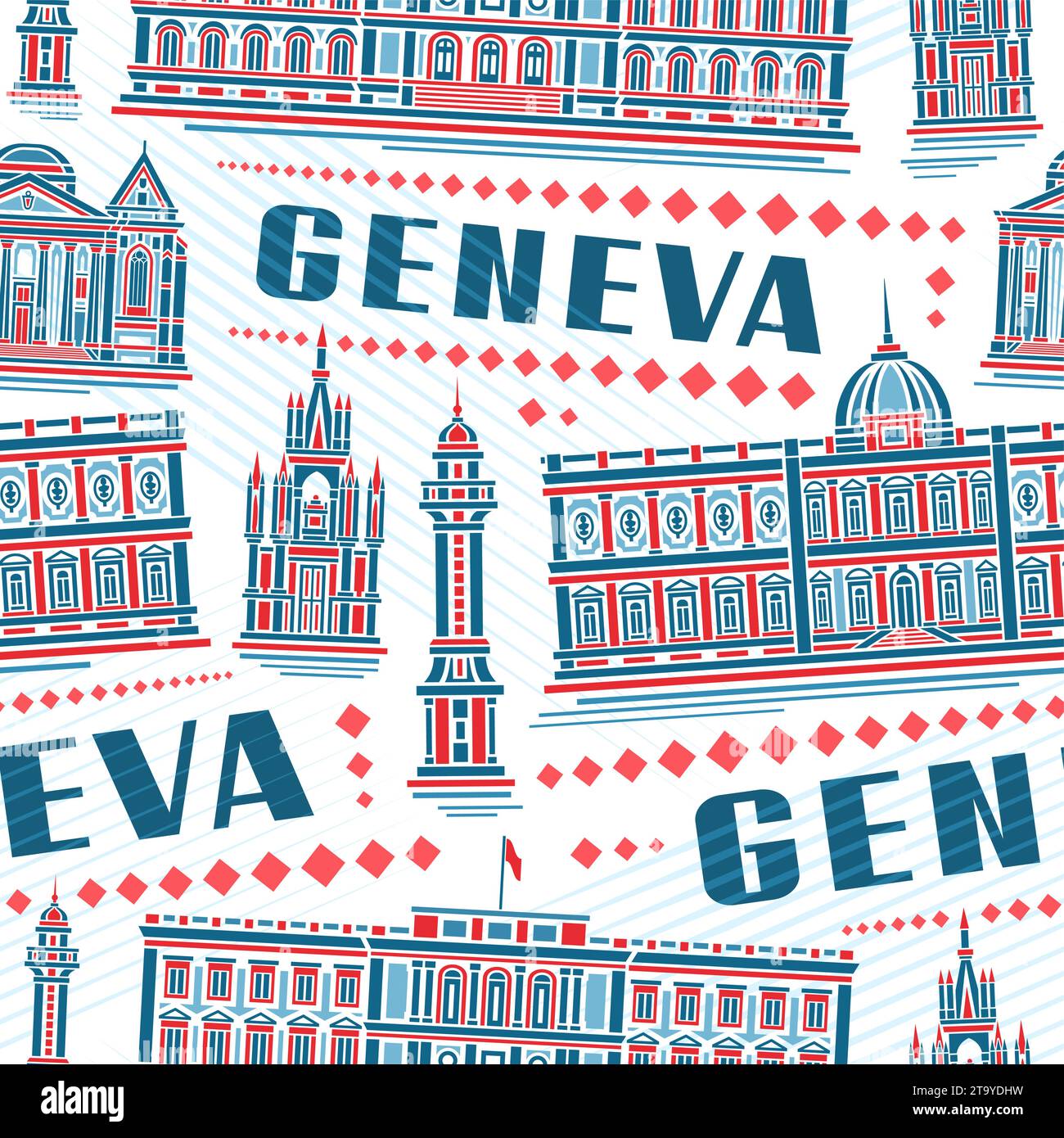 Vektor Genf nahtloses Muster, quadratischer Wiederholungshintergrund mit Illustration der berühmten genfer Stadtlandschaft auf weißem Hintergrund, dekorative Linienkunst modern Stock Vektor