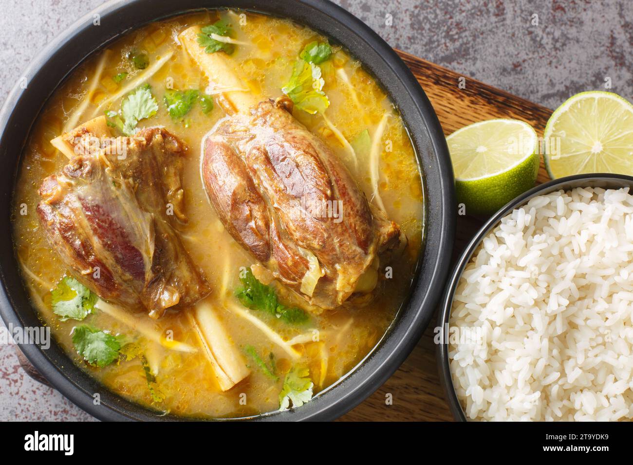 Asiatisches Hammelfleisch Nalli Nihari ist ein Gericht für Lammliebhaber scharf und gesund und lecker Nahaufnahme auf dem Holzbrett auf dem Tisch. Horizontale Draufsicht von ab Stockfoto