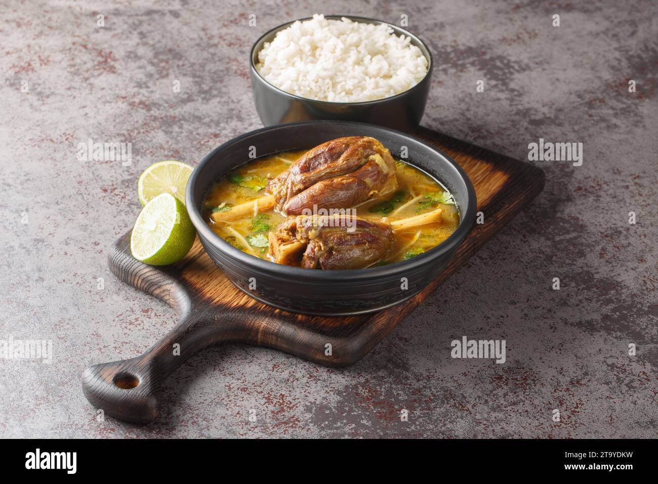 Lamm-Nihari, pakistanische Curry-Küche mit Garnierreis aus der Nähe auf dem Holzbrett auf dem Tisch. Horizontal Stockfoto