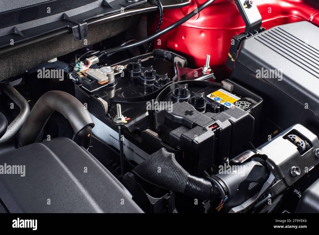 Neue Autobatterie im sauberen Maschinenraum. Fahrzeugwartungskonzept. Stockfoto