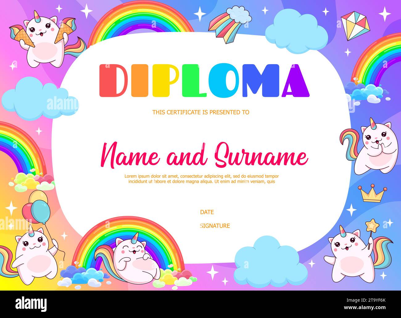 Kinderdiplom. Magische süße Katicorn-Katzen und Kätzchen-Charaktere auf Wolken. Vektor-Abschlusszeugnis oder Zertifikat der Kinderausbildung mit lustigen Einhornkatzen, Regenbogen, Eis und Ballons Stock Vektor