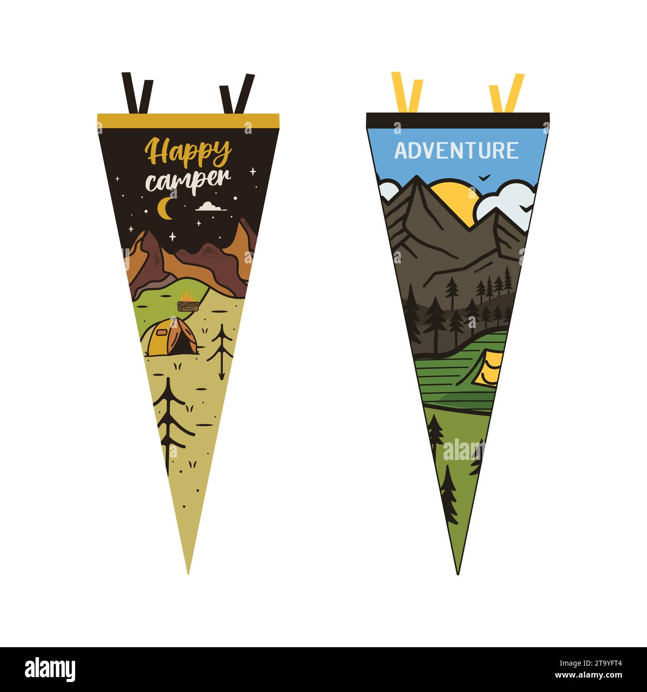 Set von Abenteuerwimpeln. Design mit Camping-Wimpant-Flaggen. Vintage Outdoor-Designs mit Sommercamp-Symbolen Berge, Zelt, Lagerfeuer. Rohteilvektor Stock Vektor