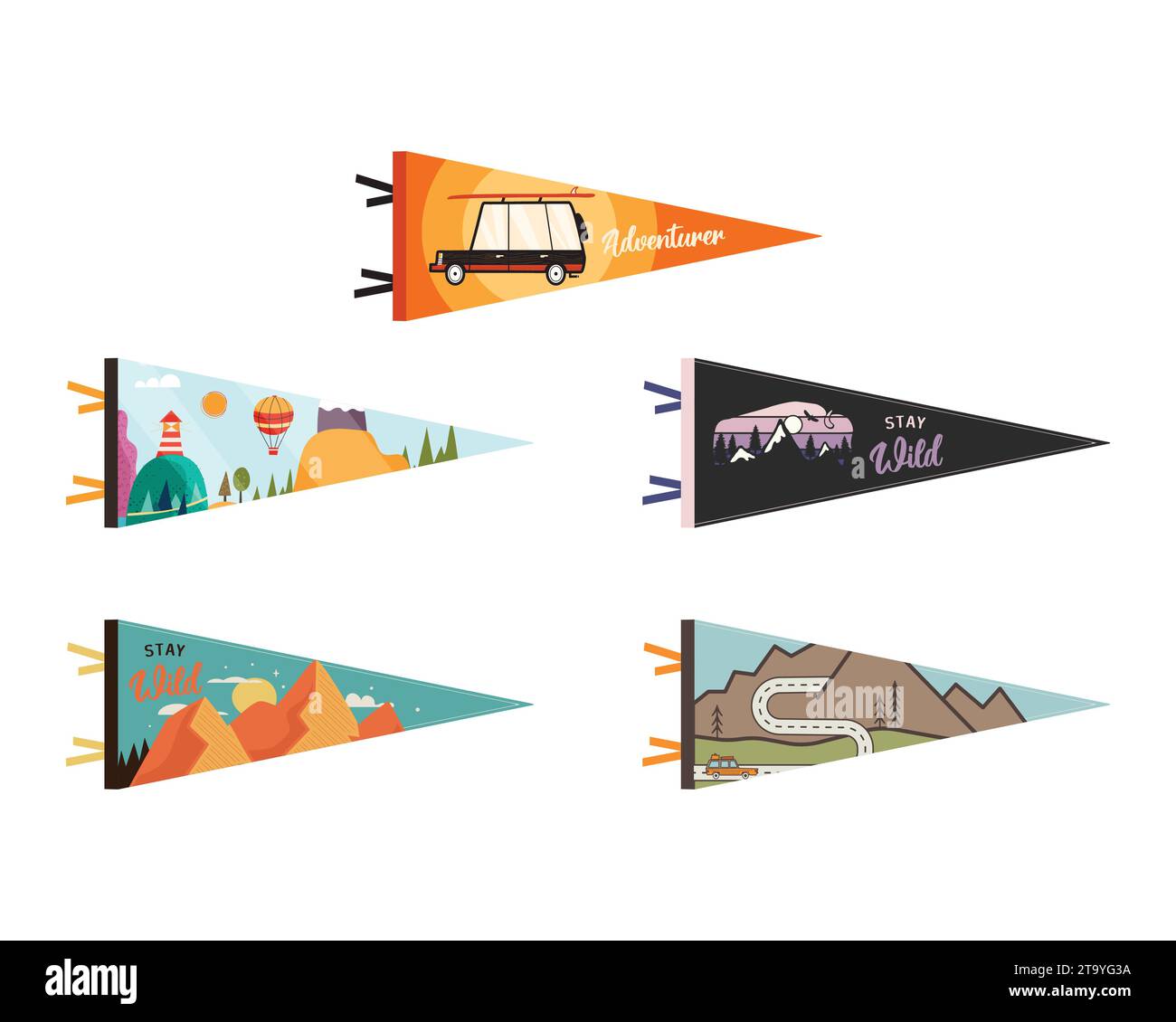 Set von Abenteuerwimpeln. Design mit Camping-Wimpant-Flaggen. Vintage Outdoor-Designs mit den Symbolen des Sommercamps Berge, Bisons und Wohnwagen. Rohteilvektor Stock Vektor
