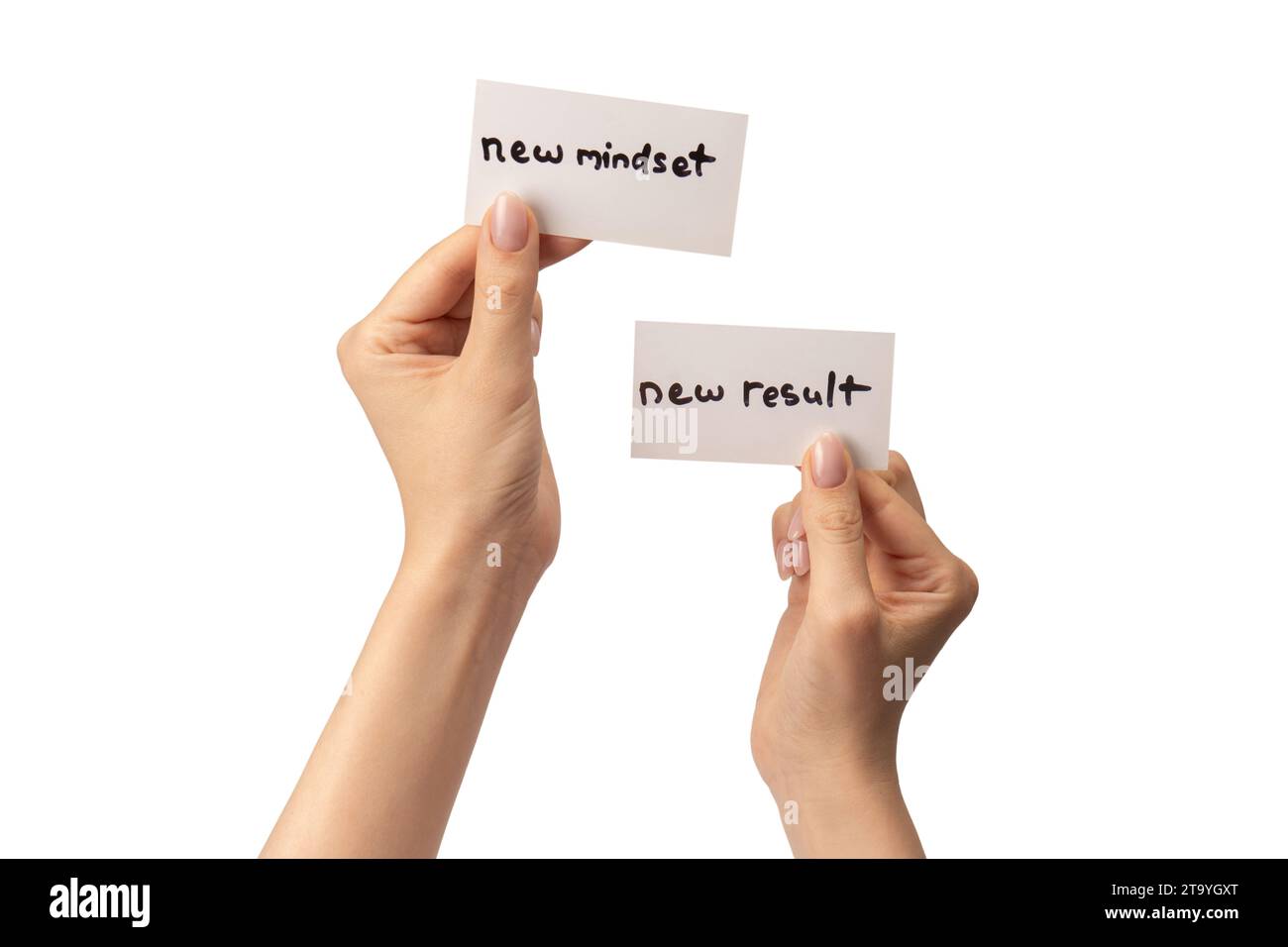 Neue Denkweise - neuer Ergebnistext auf einer Karte in einer Frauenhand isoliert auf weißem Hintergrund. Stockfoto