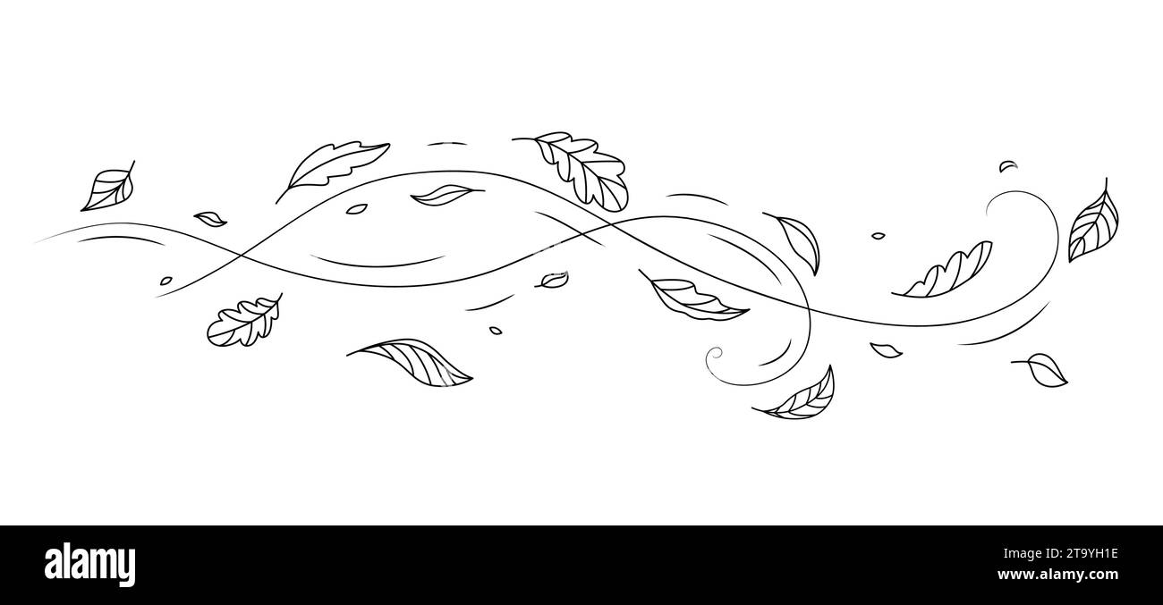 Wind-Luftbewegung und Doodle-Blatt-isolierter Vektor-Sketchy-Wirbel. Skurrile handgezeichnete Blätter Pirouette im Wind, tanzen in der sanften Streichelei der verspielten Luftbewegung. Eine heitere Symphonie der Naturkunst Stock Vektor