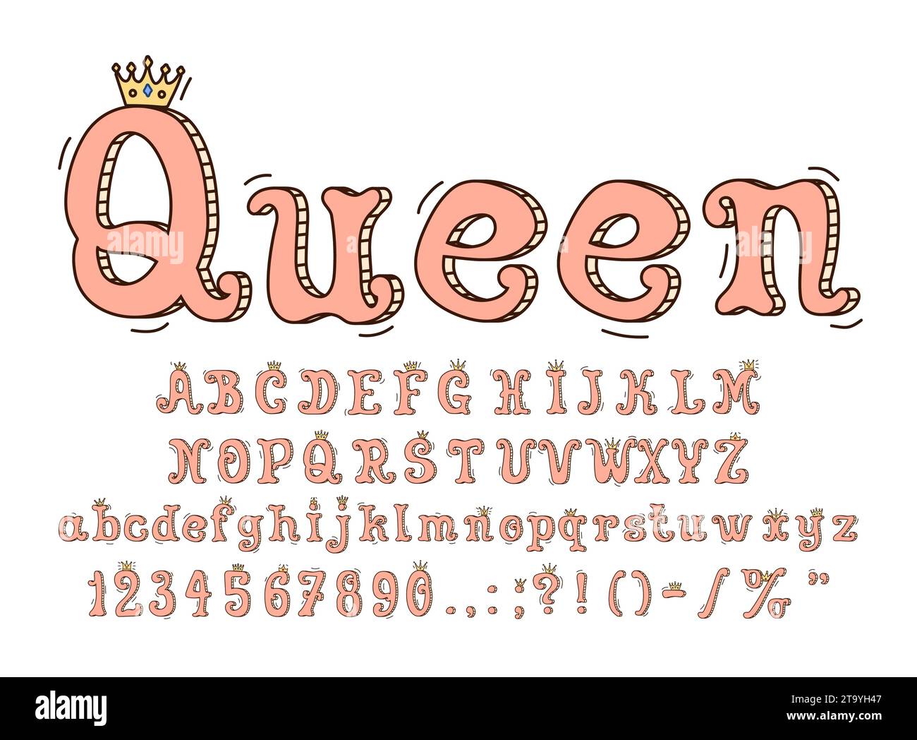 Queen-Schriftart, Prinzessin-Schriftart, königliche Schriftart, englisches Alphabet mit goldenen Kronen, verströmt königliche Eleganz mit verzierten, niedlichen rosa Zeichentrickbuchstaben. Anmutige, wirbelnde Charaktere vermitteln ein Gefühl der Verzauberung Stock Vektor