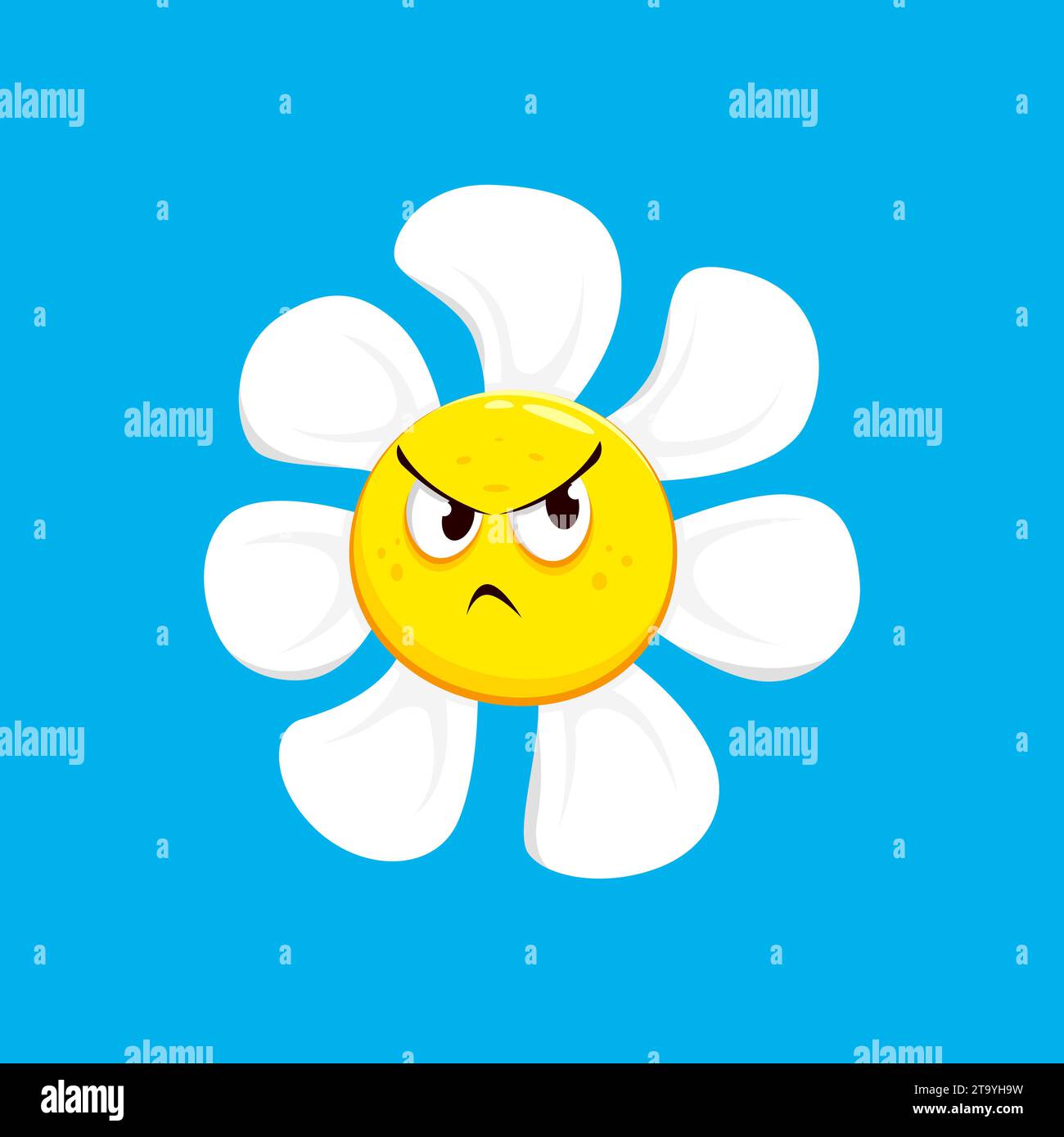 Zeichentrickkamille, Gänseblümchenfigur mit grummeliger Gesichts-Emotion, herabhängenden Blütenblättern und gefurchten Augenbrauen. Isolierte Vektorkamille strahlt unzufriedenen Ausdruck aus und strahlt ein trauriges und wütendes Verhalten aus Stock Vektor