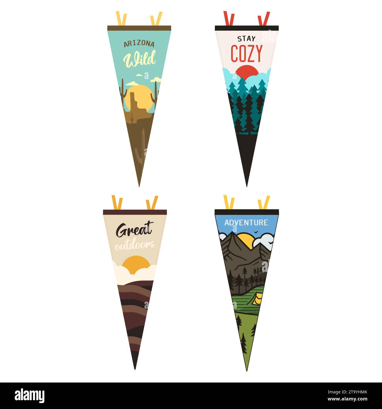 Abenteuer Wimpel Set. Design mit Camping-Wimpant-Flaggen. Vintage Outdoor-Designs mit den Symbolen des Sommercamps, Bergen, Laternen und der Wüste von arizona. Lager Stock Vektor