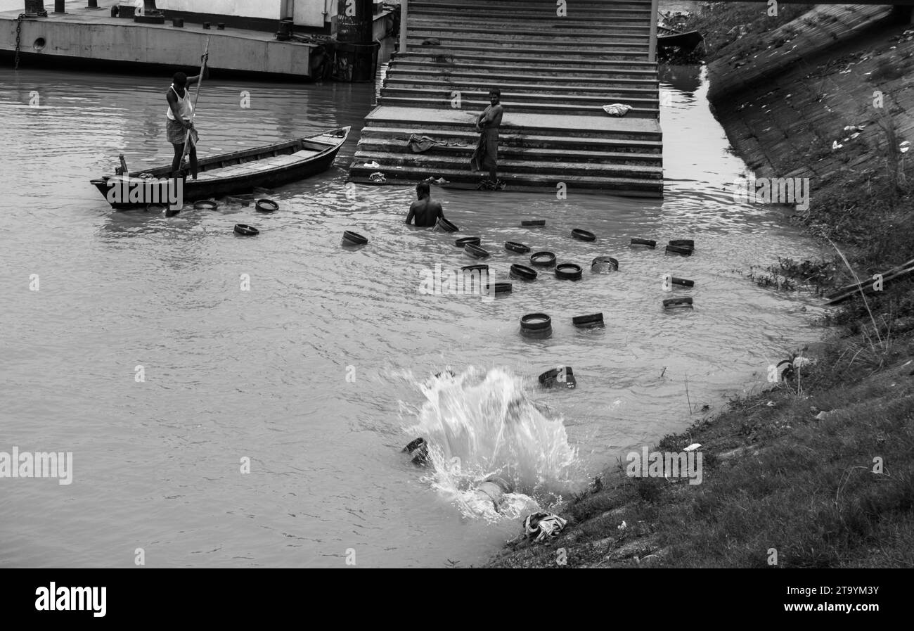 Traditionelle hölzerne Bootsstation, dieses Bild wurde am 29. Mai 2022 in Dhaka, Bangladesch, aufgenommen Stockfoto