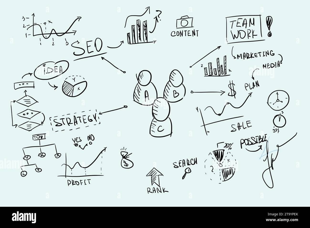 Business und Symbole, Pfeile und Entwicklungsstrategie Plan, Konzept. Start-up und Wachstum. Finanzen und kreatives Denken, HR-Manager. Teamwork und seo Stockfoto