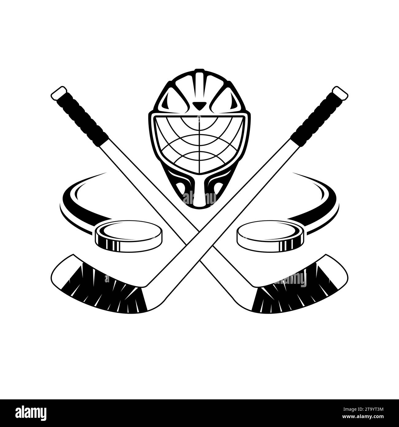 Sihouette von Eishockeyschlägern, Hockeyhelmen, fliegendem Hockeypuck Stock Vektor