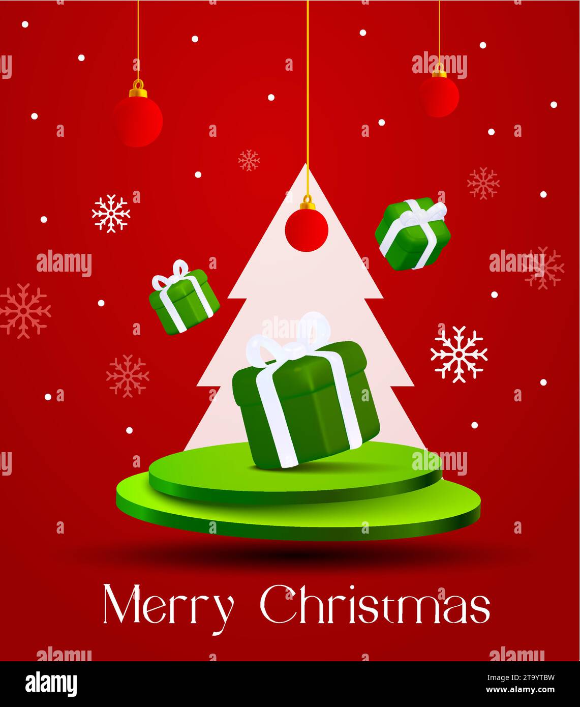 3D vertikales frohweihnachtsbanner-Konzept mit Bühne, Geschenkboxen, hängenden Ornamenten, Schneeflocken, rotem Hintergrund. Merry christmas Geschenkkarte oder E-Mail-Newsletter-Konzept. 3D-Vektor-Illustration. Vektorabbildung Stock Vektor