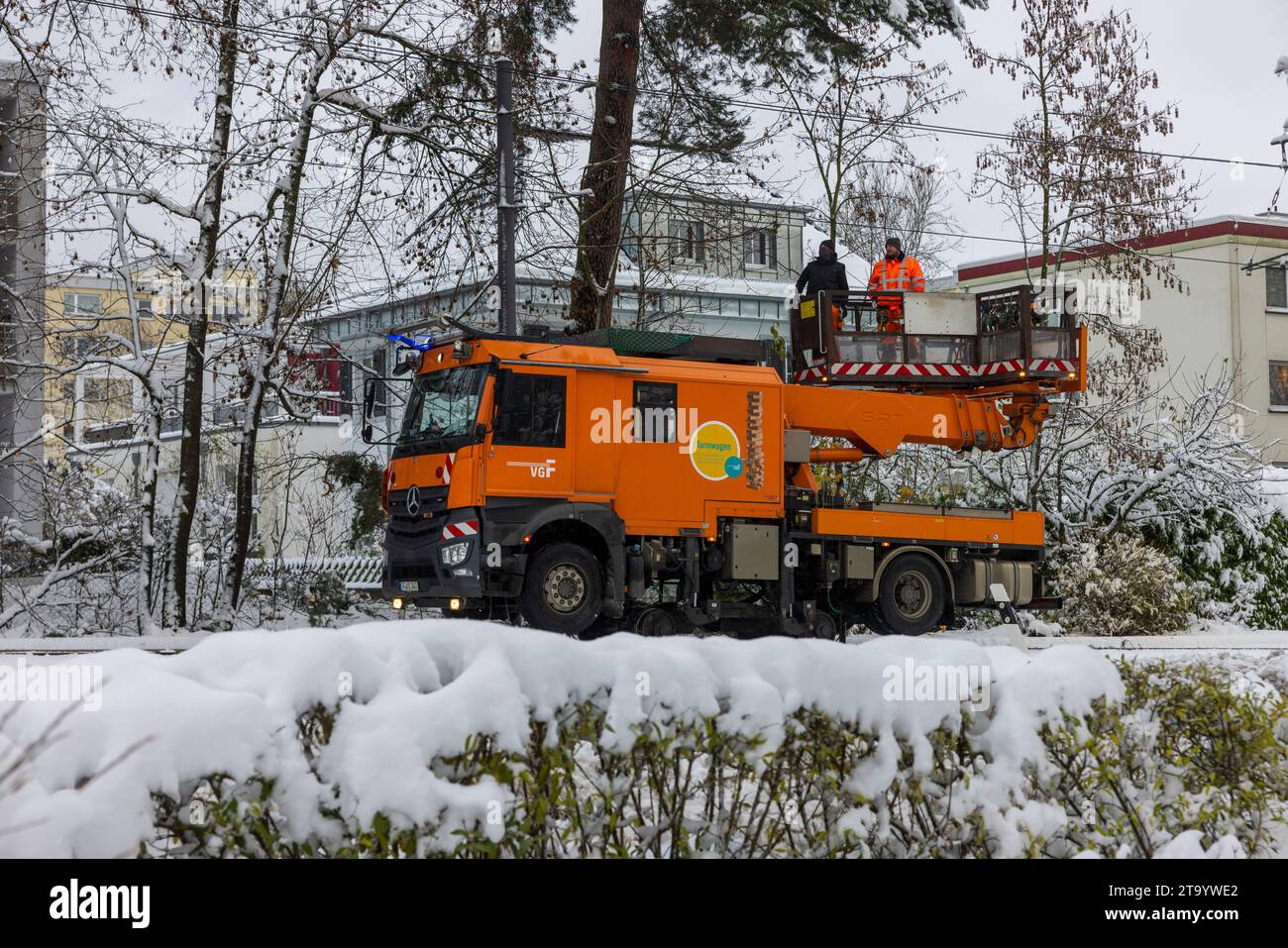 Oberursel, Deutschland. November 2023. Abgefallene Äste, die mit Wintereinbruch auf Freileitungen gefallen waren und den lokalen Verkehr beeinträchtigen, werden entfernt. Schnee und vereiste Straßen haben in Teilen Deutschlands zu chaotischen Bedingungen geführt. Hessen ist besonders betroffen. Quelle: Helmut Fricke/dpa/Alamy Live News Stockfoto