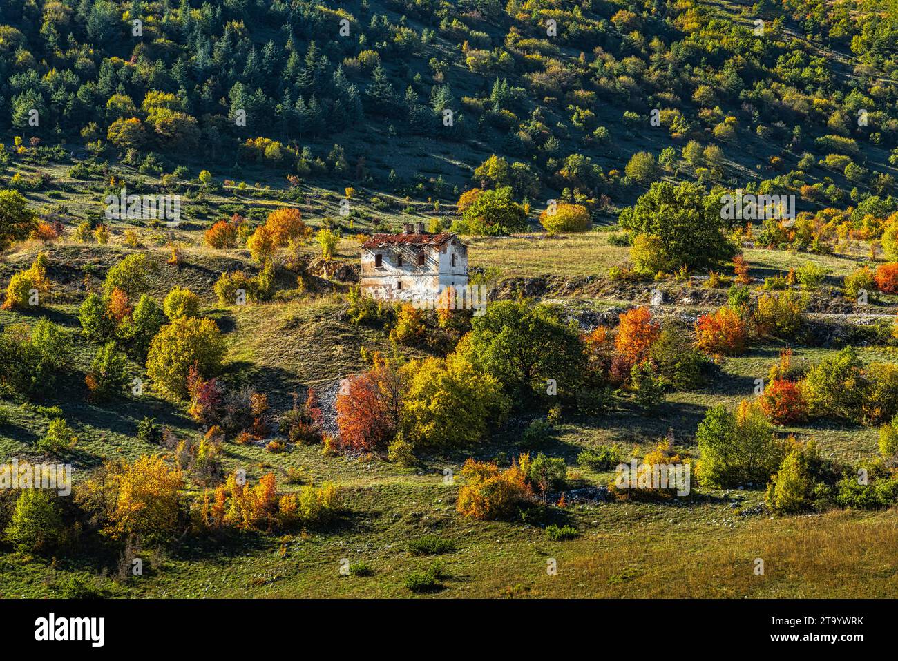 Stillgelegte und ruinierte Eisenbahnmautstelle, in Herbstfarben getaucht. Cansano, Provinz L'Aquila, Abruzzen, Italien, Europa Stockfoto