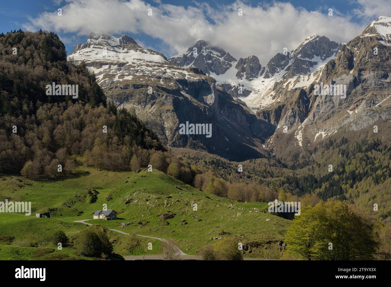 Die westlichen Pyrenäen im Frühling, westlich von unterhalb des Col du Somport, französische Seite. Frankreich. Stockfoto