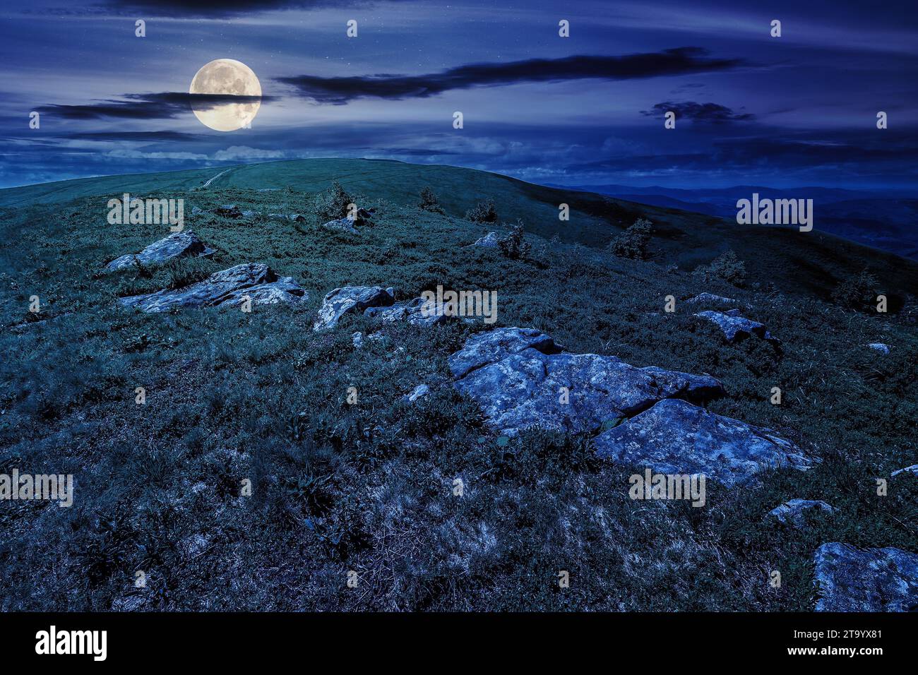 Berglandschaft mit Steinen im Gras auf der Hügelseite unter dem bewölkten Sommerhimmel bei Nacht. Wundervolle Landschaft in voller Moo Stockfoto