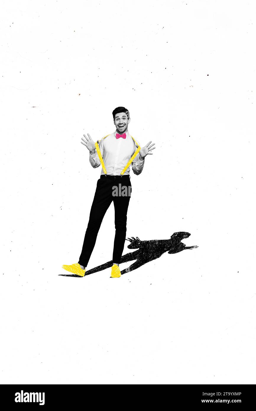 Ganzkörper-Foto-Collage des gutaussehenden Geschäftsmannes trendiges Outfit klassische Kleidung gelbe Hosenträger Hosen Schuhe isoliert auf weißem Hintergrund Stockfoto