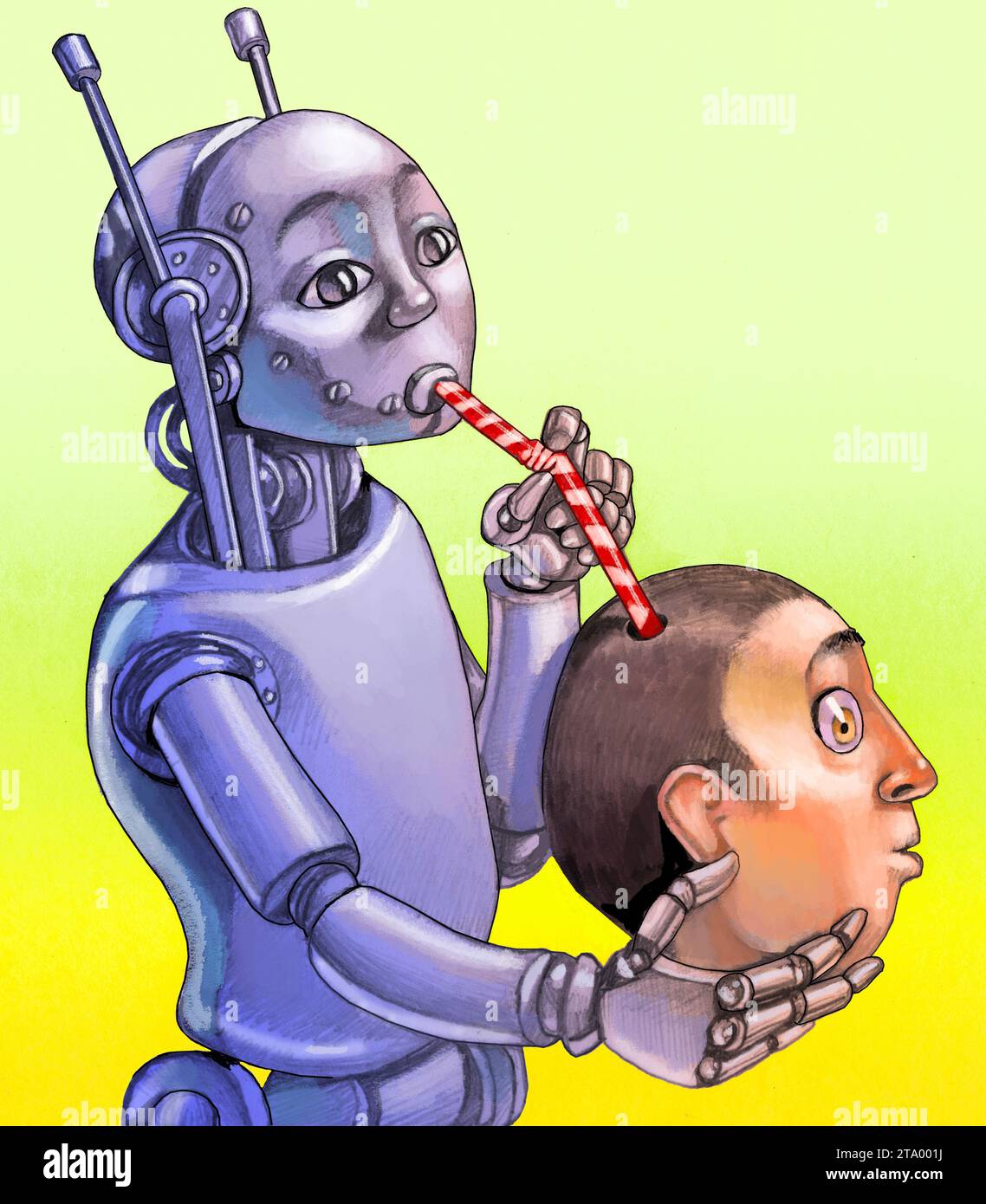 Ein Roboter kommt aus dem Kopf eines Menschen, indem er sich seinen Verstand aneignet, eine Metapher für die Ausbeutung menschlicher Kreativität durch diejenigen, die künstliche Kontrolle haben Stockfoto