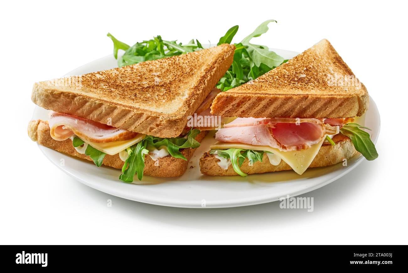 Teller mit Schinken und Käse, isoliert auf weißem Hintergrund Stockfoto
