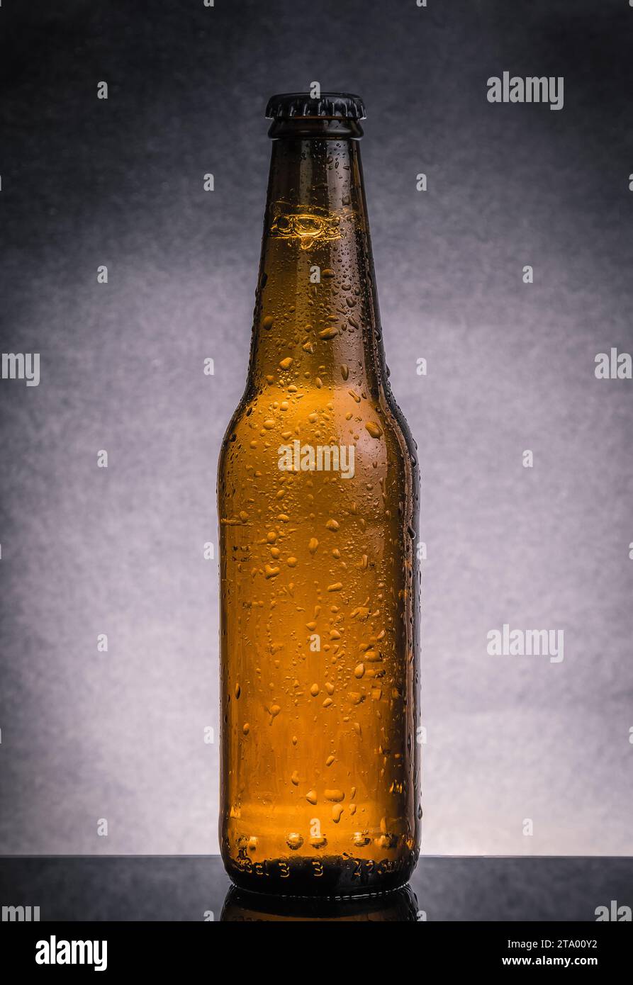 Frische, kalte Bierflasche mit Tropfen und Stopfen auf dunkelschwarzem Hintergrund Stockfoto