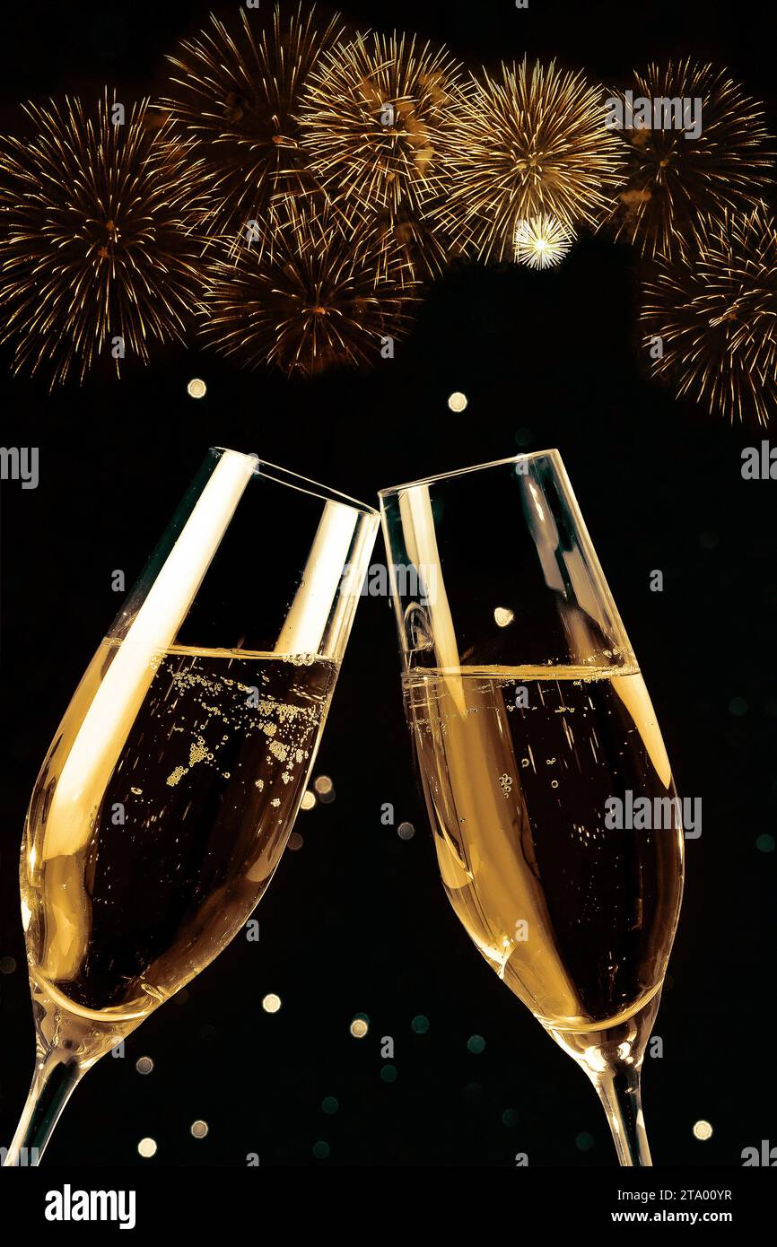 Champagnerflöten mit goldenen Bläschen sorgen für ein Feuerwerk mit schwarzem Hintergrund, ein Happy New Year-Konzept Stockfoto