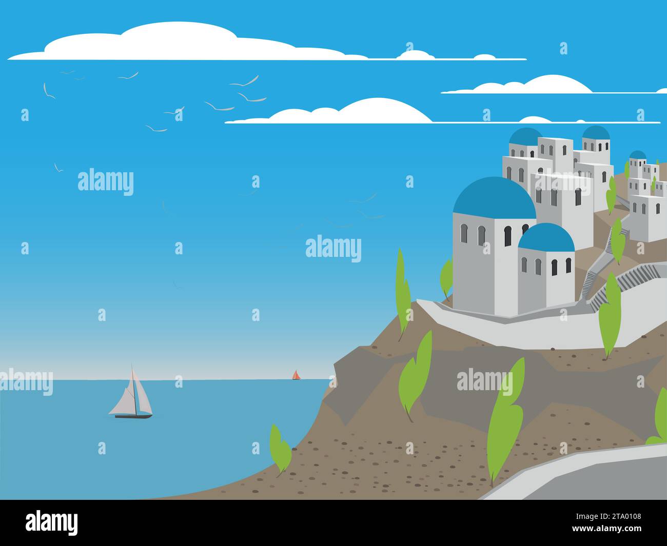 Reise-Ikone Ort griechische Insel Santorin mit Meer und Segelbooten. Vektorabbildung Stock Vektor