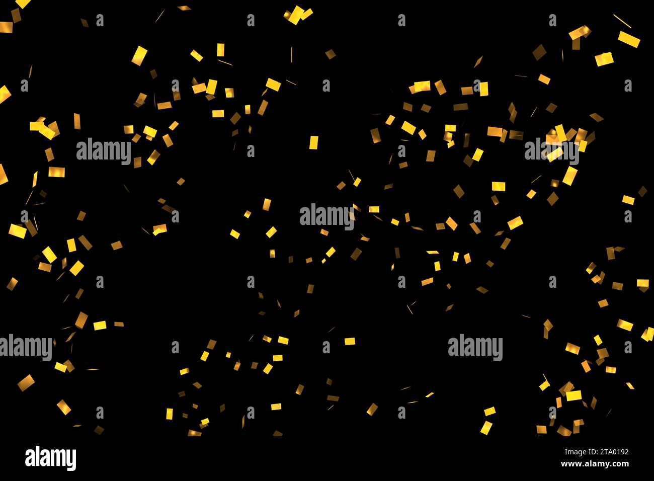 Fallendes goldenes Konfetti aus metallischer Glitzerfolie, Animationsbewegung auf schwarzem Hintergrund, goldener Feiertag und festliches lustiges Konzept Stockfoto
