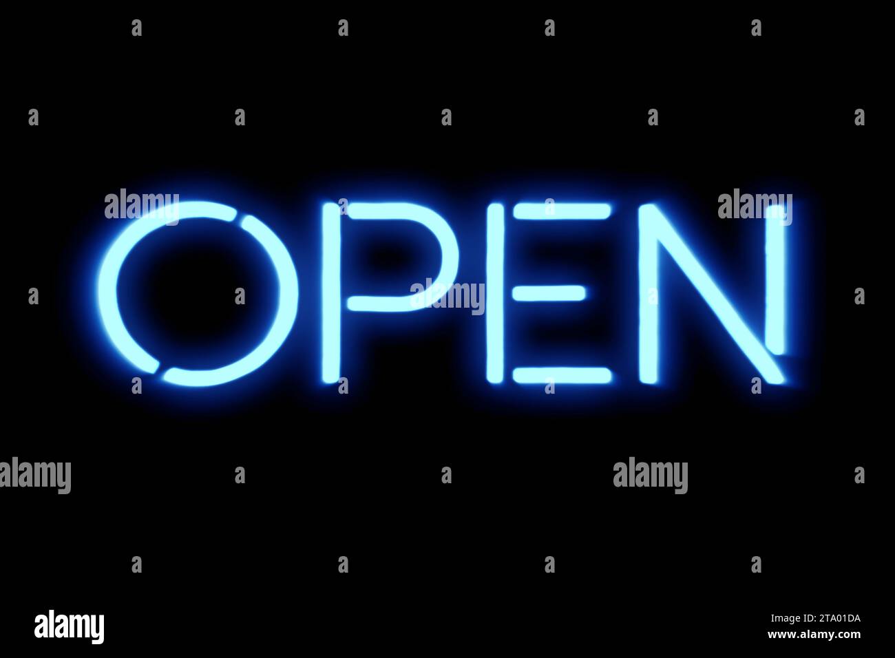 Blinkendes blaues Neonschild auf schwarzem Hintergrund, offenes Ladenlokal-Schilderkonzept Stockfoto