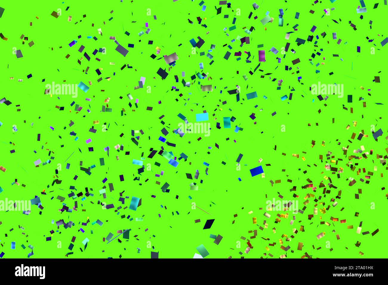 Fallende bunte Glitzerfolie Konfetti, Farbe auf Chroma Key, grüner Bildschirm Hintergrund, Feiertags- und festliches lustiges Konzept Stockfoto