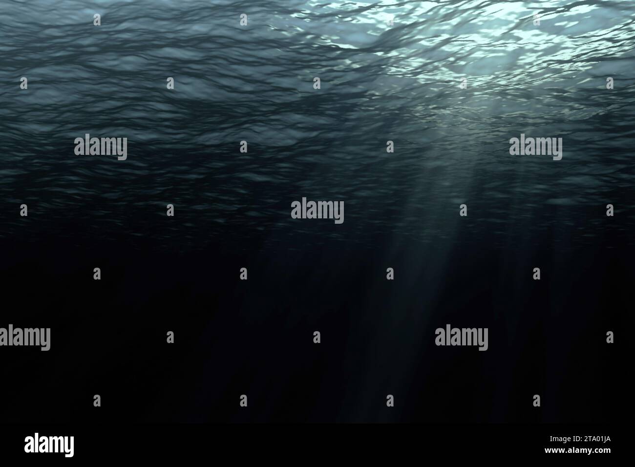 Tiefes dunkles Meer Wellen von Unterwasser Hintergrund, Lichtstrahlen durchscheinen Stockfoto