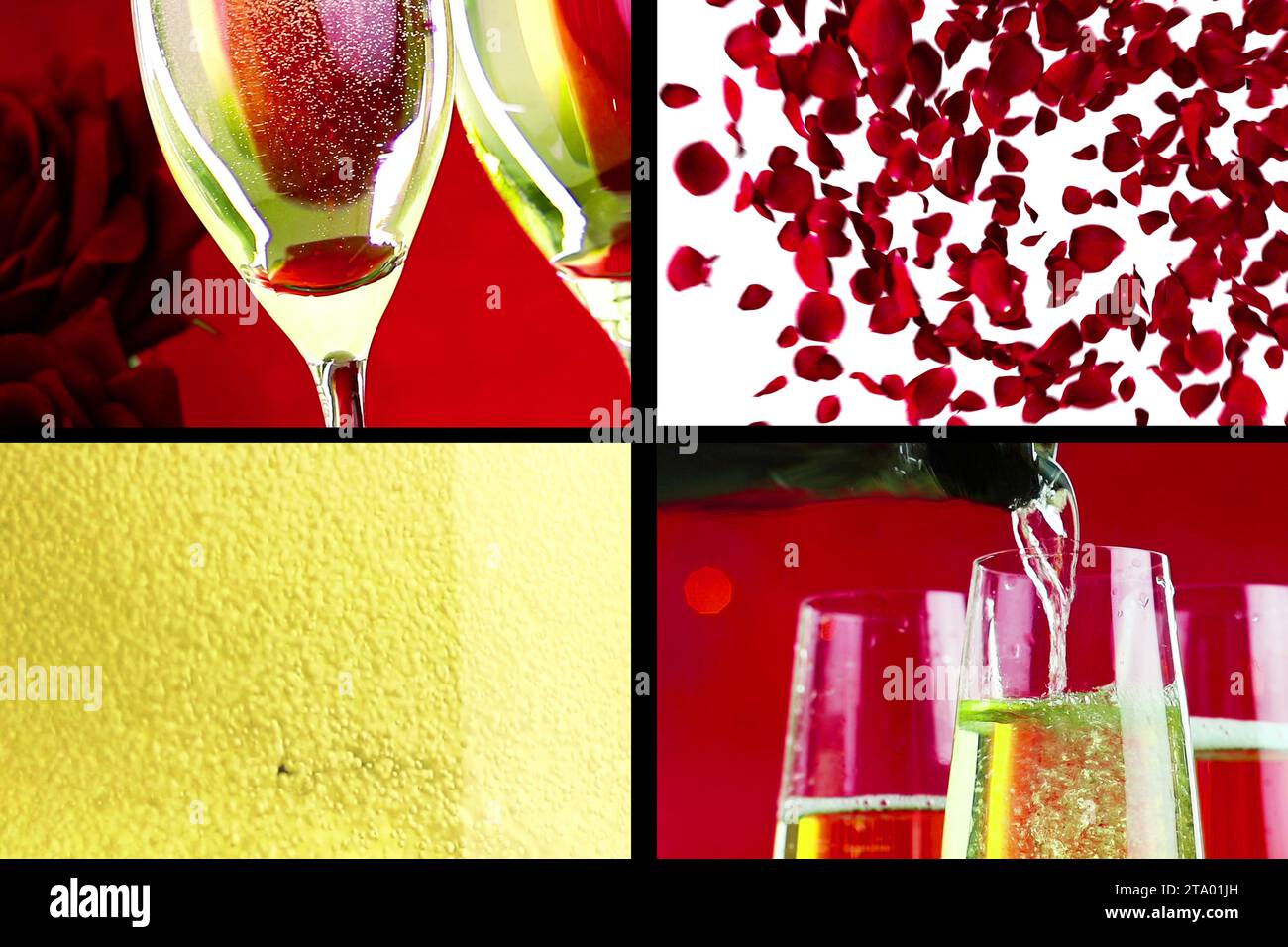 Multiscreen-Szene mit Gießen, Trinken und Sekt aus nächster Nähe in den Flöten mit Blasen mit roten Blütenblättern Rosen fliegen auf rotem Bokeh-Hintergrund, Liebe und valentinstag, Szene mit geteiltem Bildschirm Stockfoto