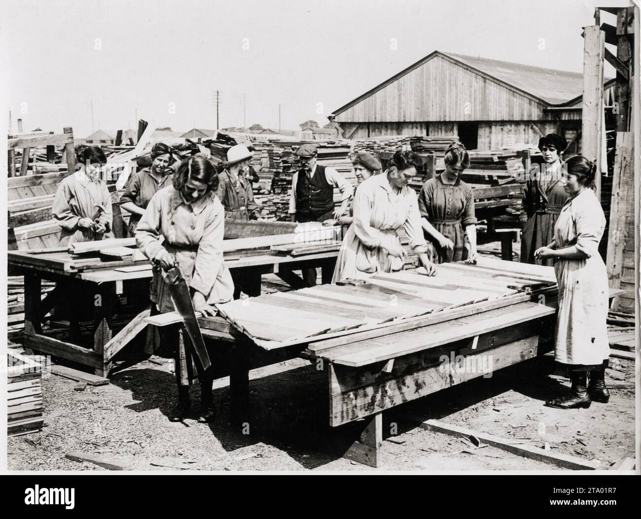 1. Weltkrieg: Zimmermanninnen des Hilfskorps der Königin Mary bauen Holzwände einer Hütte in Frankreich Stockfoto