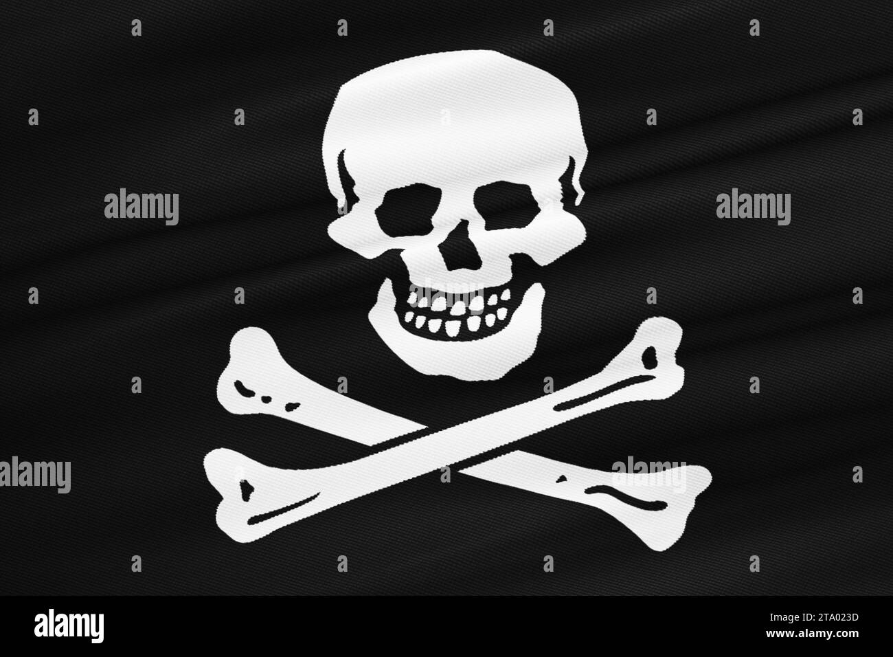 3D-Rendering, Textur der im Wind winkenden Piratenfahne, Calico Jack Piratensymbol, Hacker- und Räuberkonzept Stockfoto