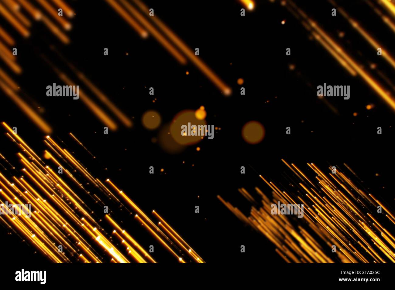Gold Glow Glitzerpartikel Bokeh Linien Übergang Glitzer Effekt auf schwarzem Hintergrund, Feiertag Happy New Year Konzept Stockfoto