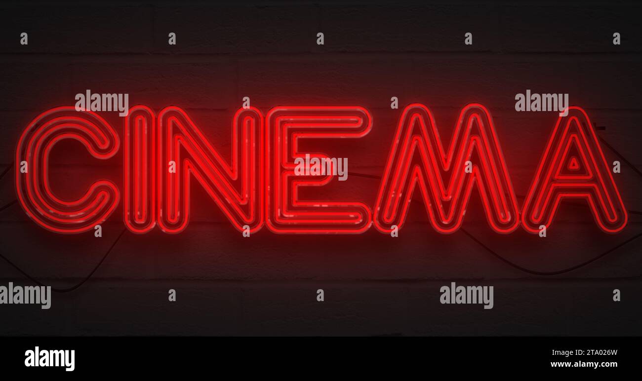 3D-Rendering flackernd blinkendes rotes Neonschild auf dunklem Backsteinhintergrund, Kinofilm, Entertainment-Zeichen Konzept Stockfoto