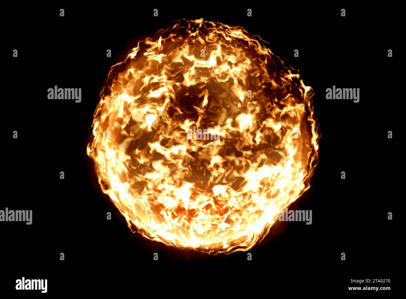 3D-Rendering, Flammenkugel auf schwarzem Hintergrund, Konzept für gefährliche Flammen Stockfoto