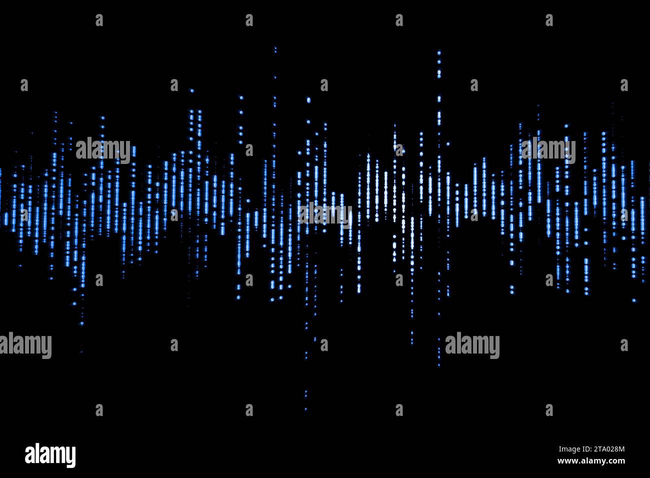 Blaue digitale Equalizer-Audiowellen auf schwarzem Hintergrund, Stereo-Sound-Effekt-Signal mit vertikalen Linien Stockfoto