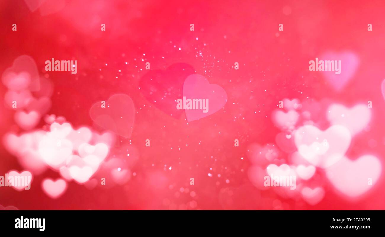 Rot-weißes Bokeh-Herz auf rosa Herzen Formen Hintergrund mit Partikeln glitzern Glitzer, valentinstag Liebe Feiertagsereignis festlich Stockfoto