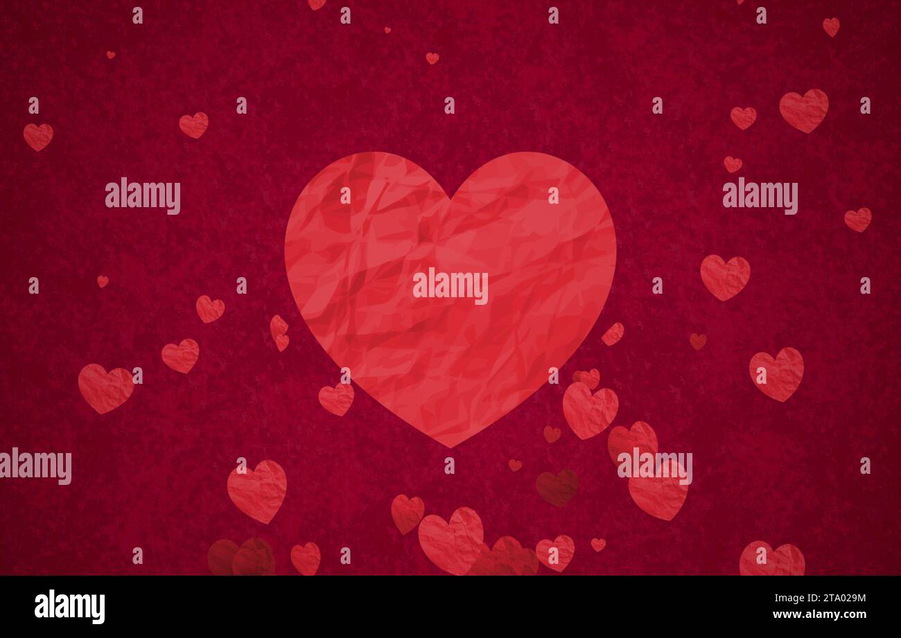 Rote Bokeh-Herzen Form von zerknittertem Papier fließt mit großem Herz in der Mitte auf rotem Hintergrund mit Partikeln glitzern Glitzer, valentinstag Love Feiertagsveranstaltung festlich Stockfoto