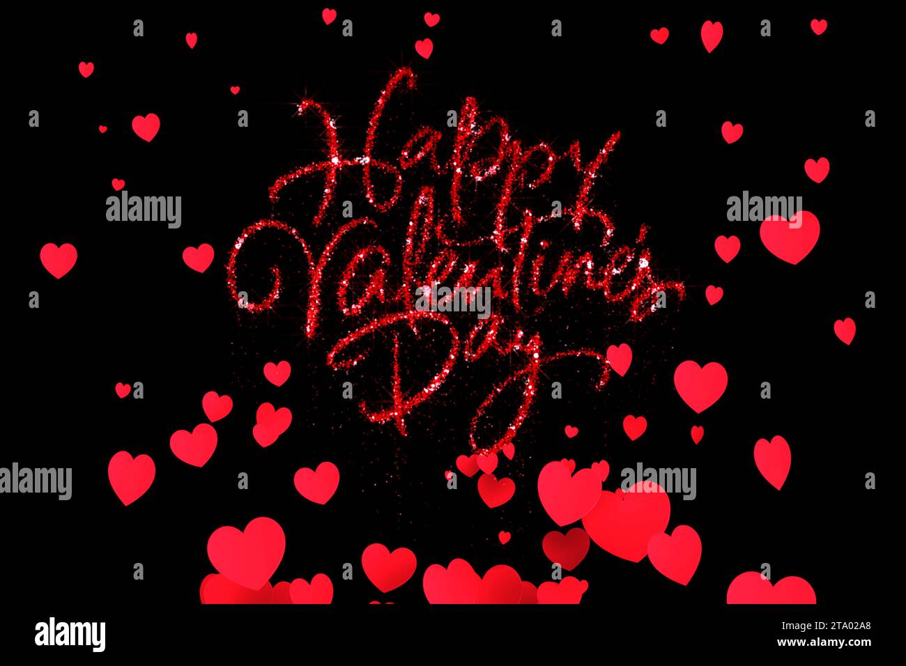 Roter Glitzer Happy valentine Day Wortform mit roter Hitze Form Aufstieg fließend auf schwarzem Hintergrund mit Alphakanal matt, festliches valentinstag Event Love Konzept Stockfoto