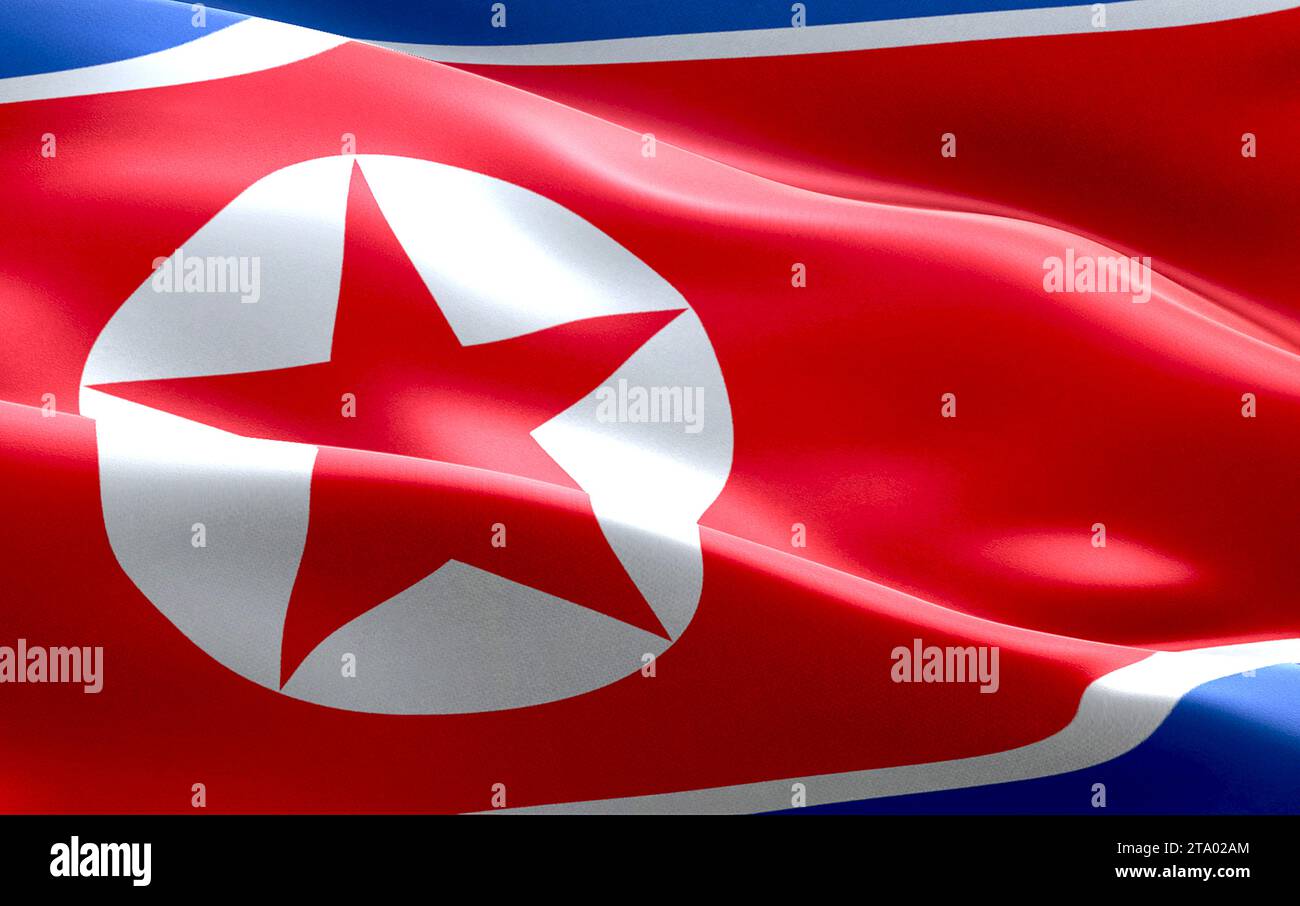 nordkoreas Flagge schwingt Textur Stoff Hintergrund, Krise Nord- und südkoreas, koreanisches Risiko Atombombenkrieg Konzept Stockfoto