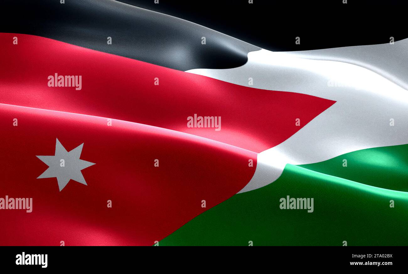 Flagge von jordanien Streifen mit gewelltem Texturstoff Hintergrund, nationales Symbol arabisches Kulturkonzept Stockfoto