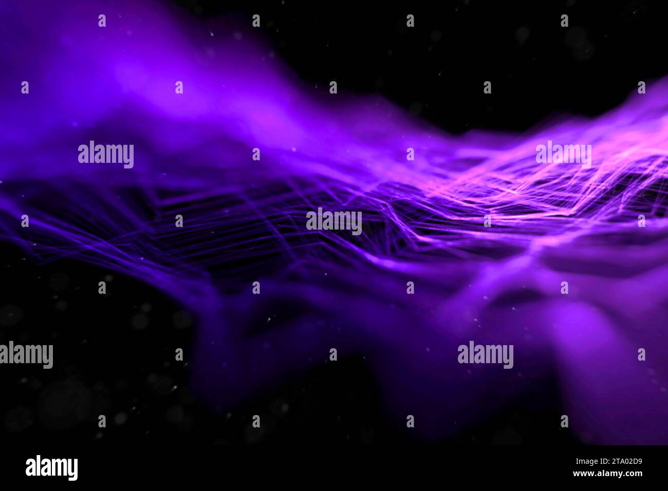 Abstraktes Stream Wave Array farbenfrohe Glitzer glitzernde blaue und lila Linien mit Partikeln auf schwarzem Hintergrund Wissenschaft und Forschungstektologie Konzept Stockfoto