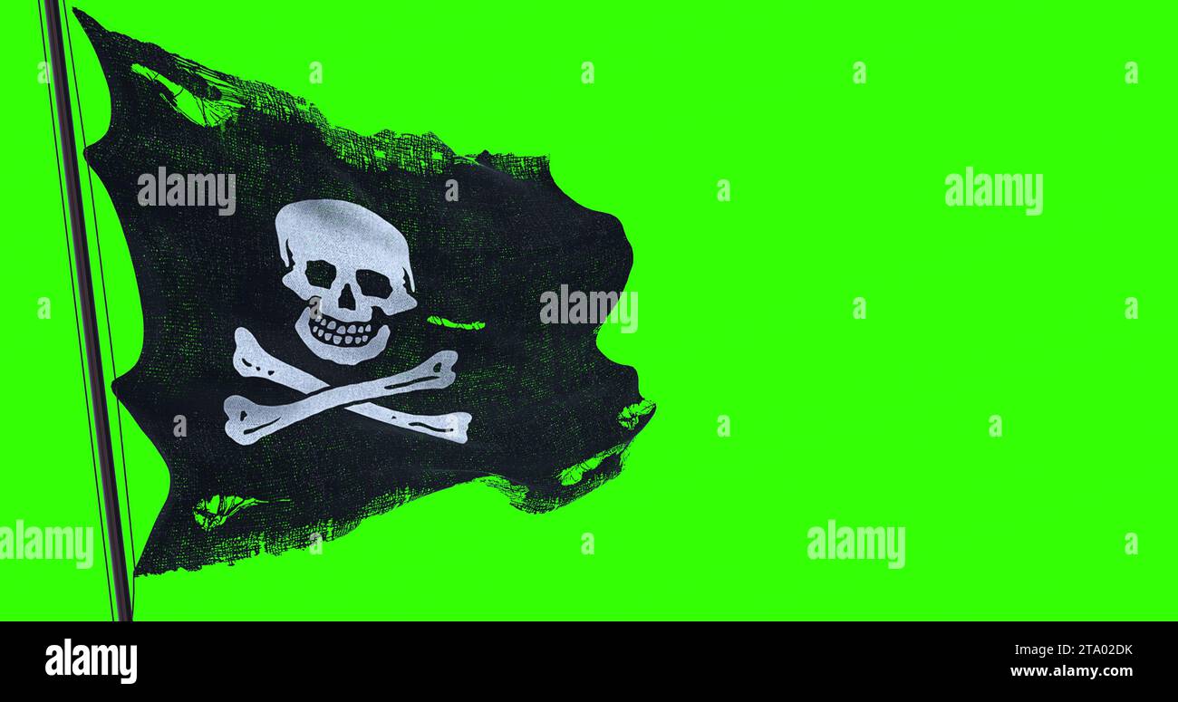 Alte Textur der Piratenschädelfahne, die im Wind winkt, Piratensymbol auf Chroma-Schlüssel-grünem Bildschirm, dunkler Mystery-Stil, Hacker- und Räuberkonzept Stockfoto