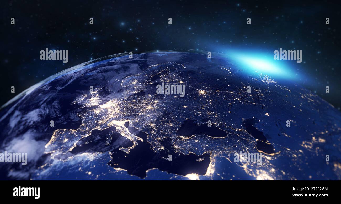 Blauer Planet Erde aus dem Weltraum, der den europäischen Kontinent bei Nacht zeigt, Weltkugel mit blauem Schein und Sonnenaufgang auf dem Weltraum in einem Sternfeld Hintergrund, einige Elemente dieses Bildes von der NASA eingerichtet Stockfoto