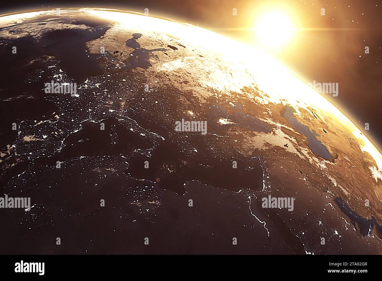 Blauer Planet Erde aus dem Weltraum, der den europäischen Kontinent zeigt, Globus Welt blauer Schein-Rand und Sonnenaufgang auf dem Weltraum in einem Sternfeld Hintergrund, einige Elemente dieses Bildes von der NASA bereitgestellt Stockfoto