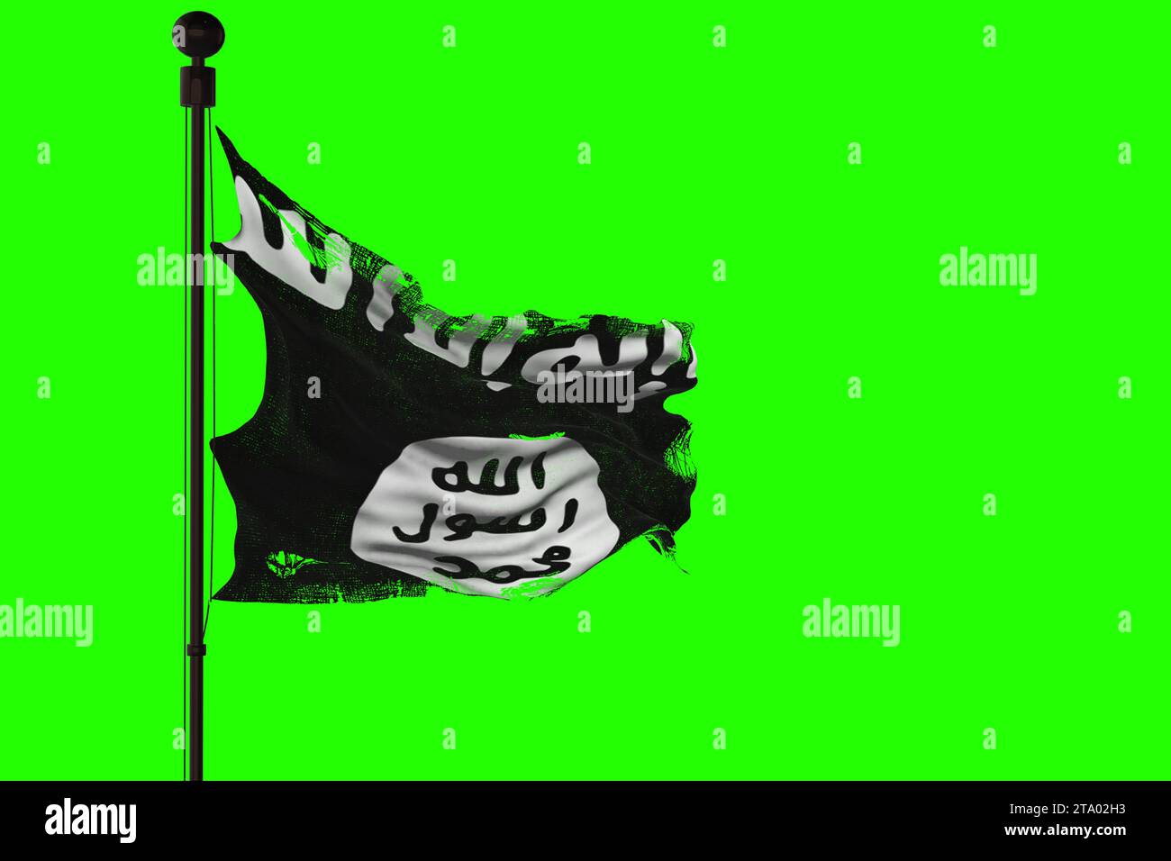 Schwenkende Stofffahne des is des islamisch-arabischen Staates isil des irak und syriens, schwarz-weiße Farbe des Terrorkrieges auf Chroma-Schlüssel-grünem Bildschirm Hintergrund Stockfoto